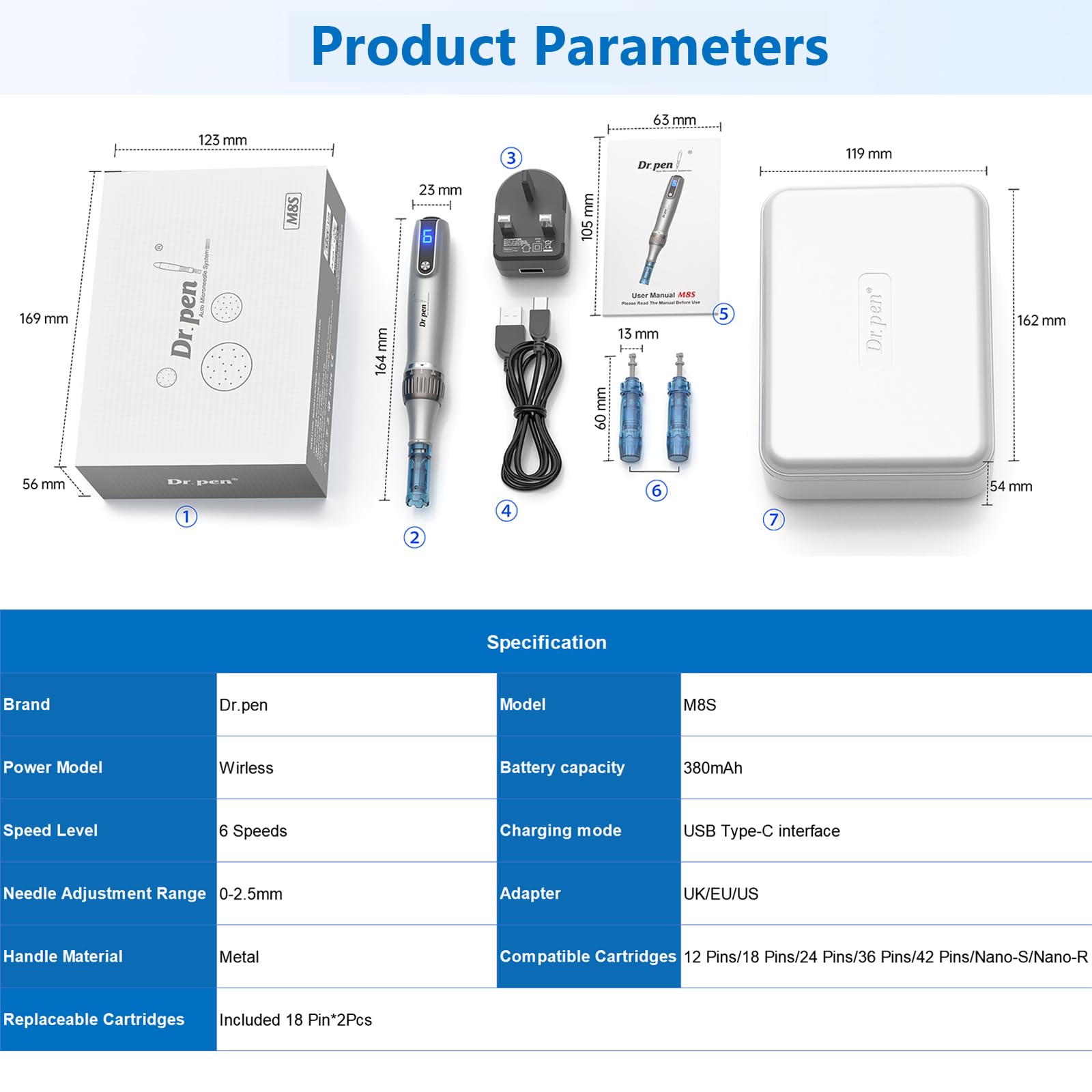 Dr. Pen Microneedling, Penna Microneedling Professionale M8S Wireless Elettrica con 2 Cartucce di Ricambio a 18 Pin, 6 Livelli di Velocità Regolabili da 0,25 a 2,5 mm