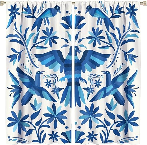 Cortinas florales étnicas, coloridas telas tradicionales mexicanas con estampado de pájaros azules con estampado de flores populares, aislamiento