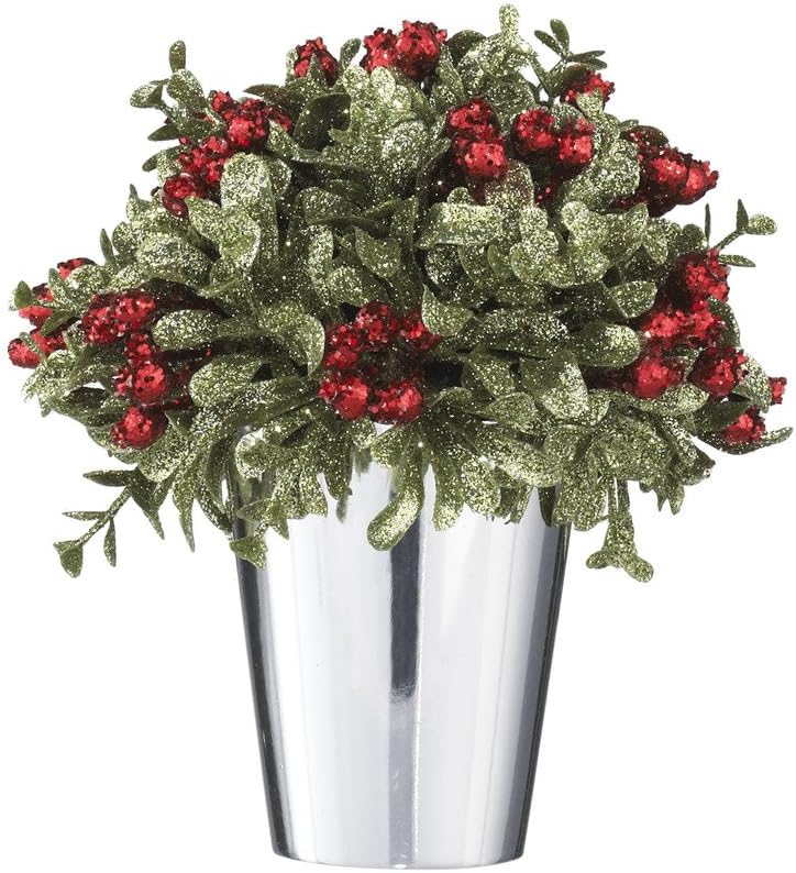 Ganz Kissing Krystals Mistletoe and Berries Topiary in Silver Pot - Christmas Table Centerpiece,Multicolor,6-1/2"H