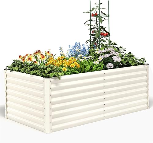 Quictent Maceta de metal galvanizada elevada sin fondo para patio trasero al aire libre, incluye 1 jaula de tomate, beige, 6 x 3 x 2 pies