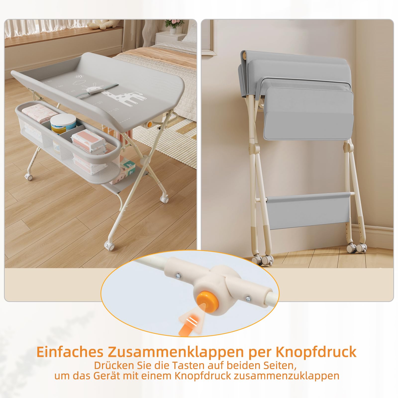 Supfine Cambiador plegable con almacenamiento, altura regulable en 5 niveles, cambiador móvil con cinturón de seguridad y barra para colgar, mesa para cambiar bebés (gris, 4 en 1)