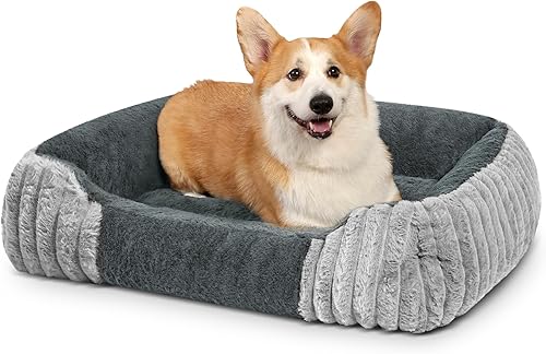 Miniatura 21 de Camas para perros pequeños de 28x20 pulgadas, cama ortopédica tipo sofá con lados cómodos para perros con espuma viscoelástica triturada NEGRO+gris