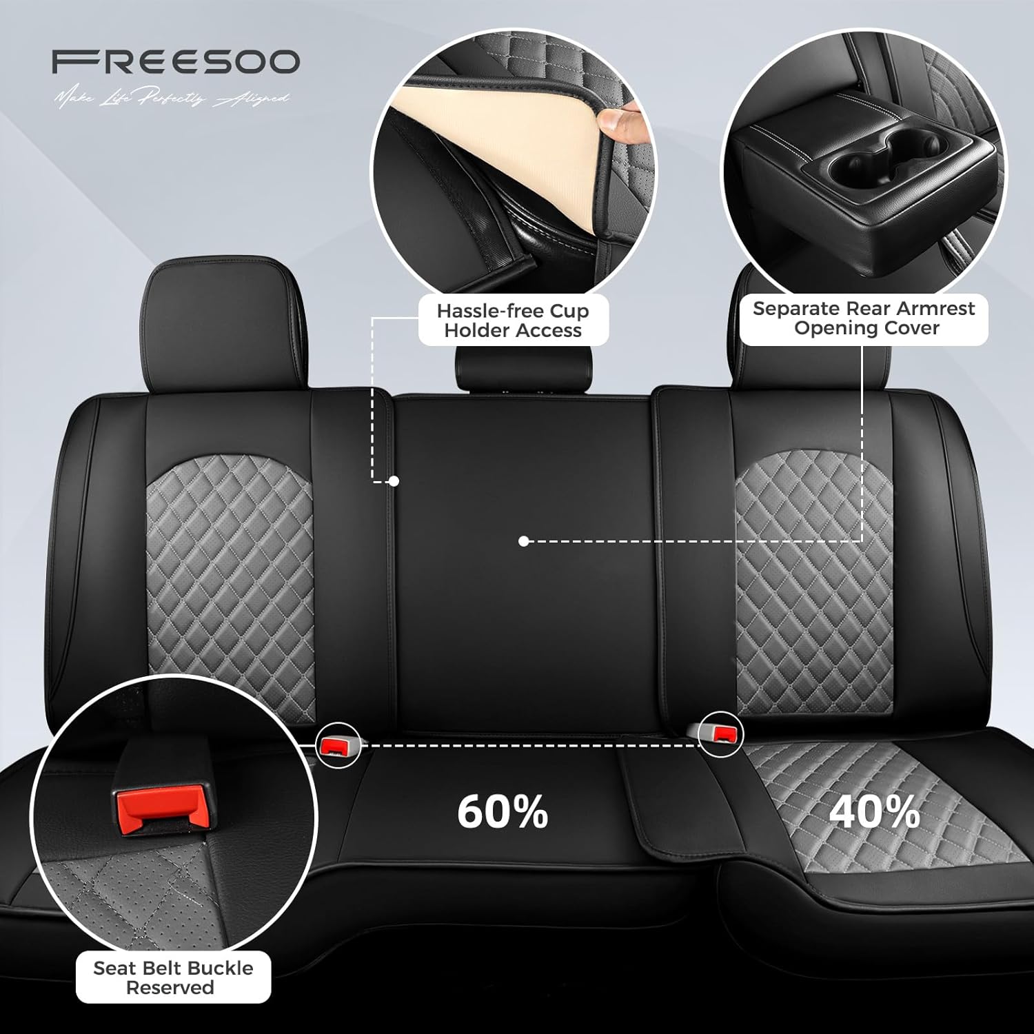 FREESOO Car Seat Covers Full Set for Dodge Ram 2002-2018 1500, 2011-2026 2500 3500 Classic Crew Cab Quad Cab Leather Seat Cover with Concave Bench, Black Grey