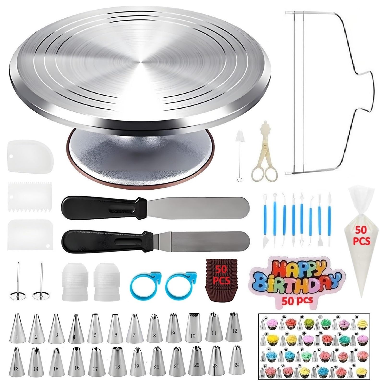 Kit de decoración de pasteles de 92 piezas con plato giratorio y nivelador de aleación de aluminio, 24 puntas de glaseado numeradas, 3 espátulas, 3 raspadores de peine, 2 acopladores, 50 bolsas