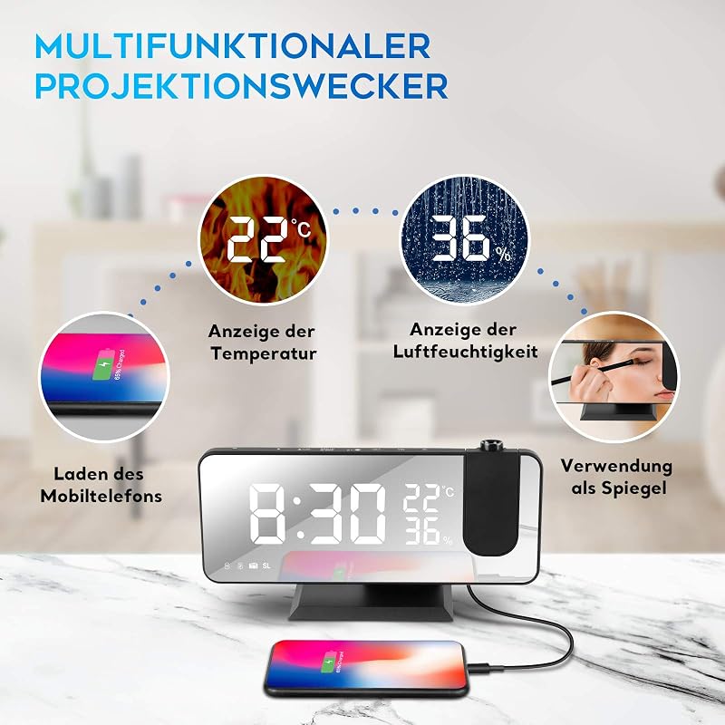 tEEZErshop 180° Kivetítős Ébresztőóra USB Porttal, LED Kijelzővel és Rádióval