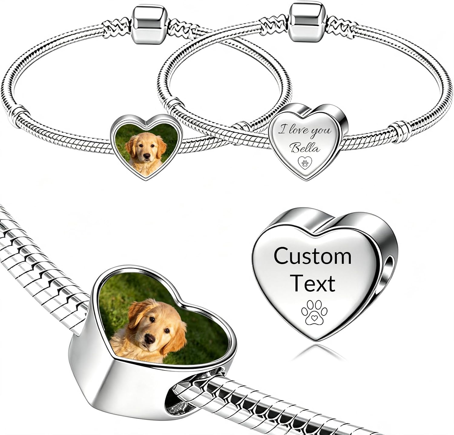 QYH Personalized Pet Photo Bracelet Custom Picture Heart Charm Memorial Gift (Heart-shaped pet bracelet)