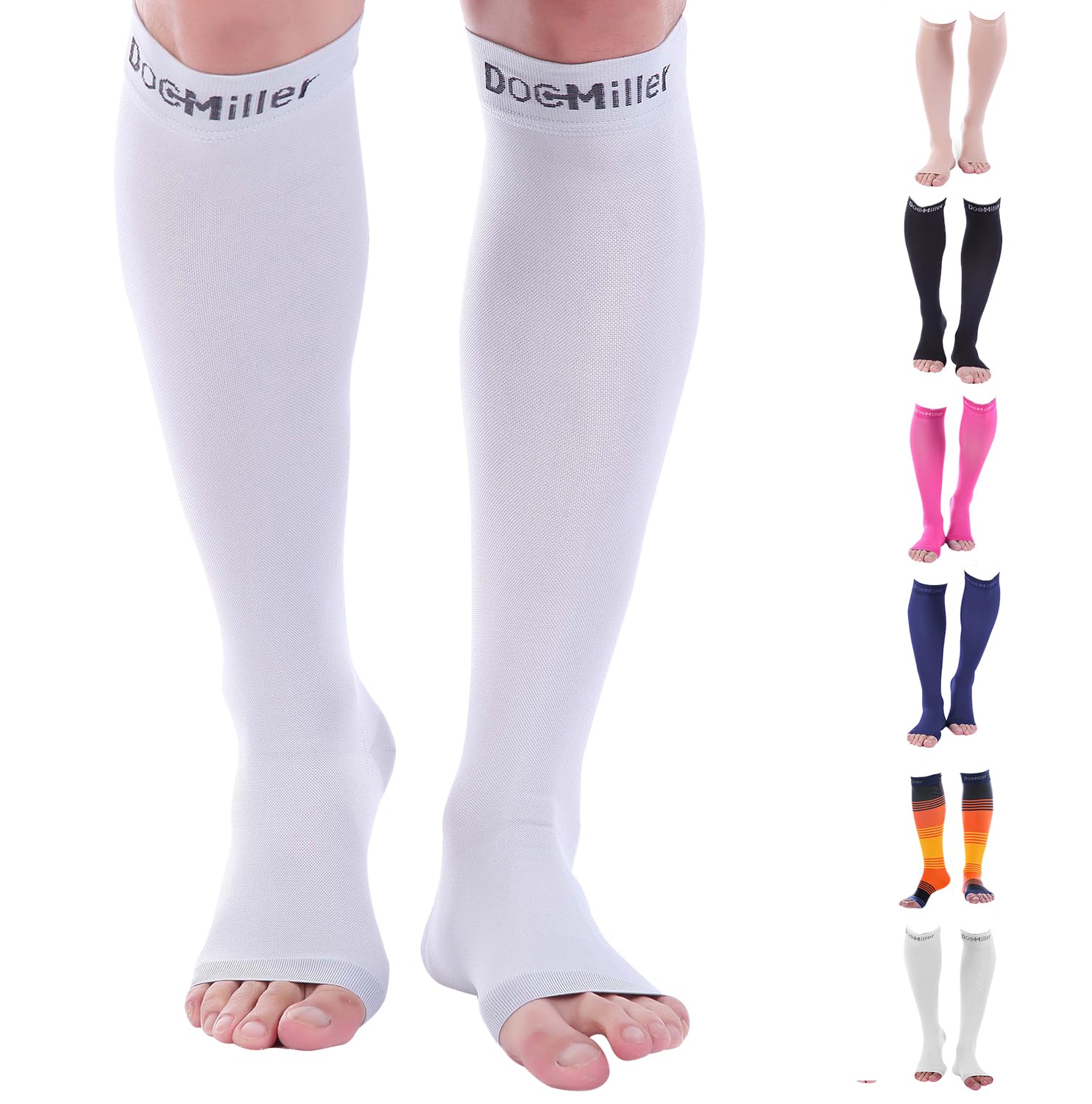 Doc Miller, Open Toe Compression Socks, 8-15 mmHg, Toeless, Support Circulation, Shin Splints, Calf Recovery, Varicose Veins, Knee High, Medical Grade