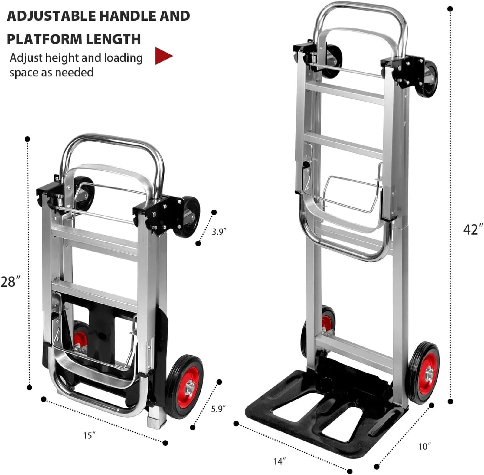 Carrello manuale Dolly ad alta capacità 2 in 1 convertibile pieghevole Para ruote pneumatiche e telescopiche