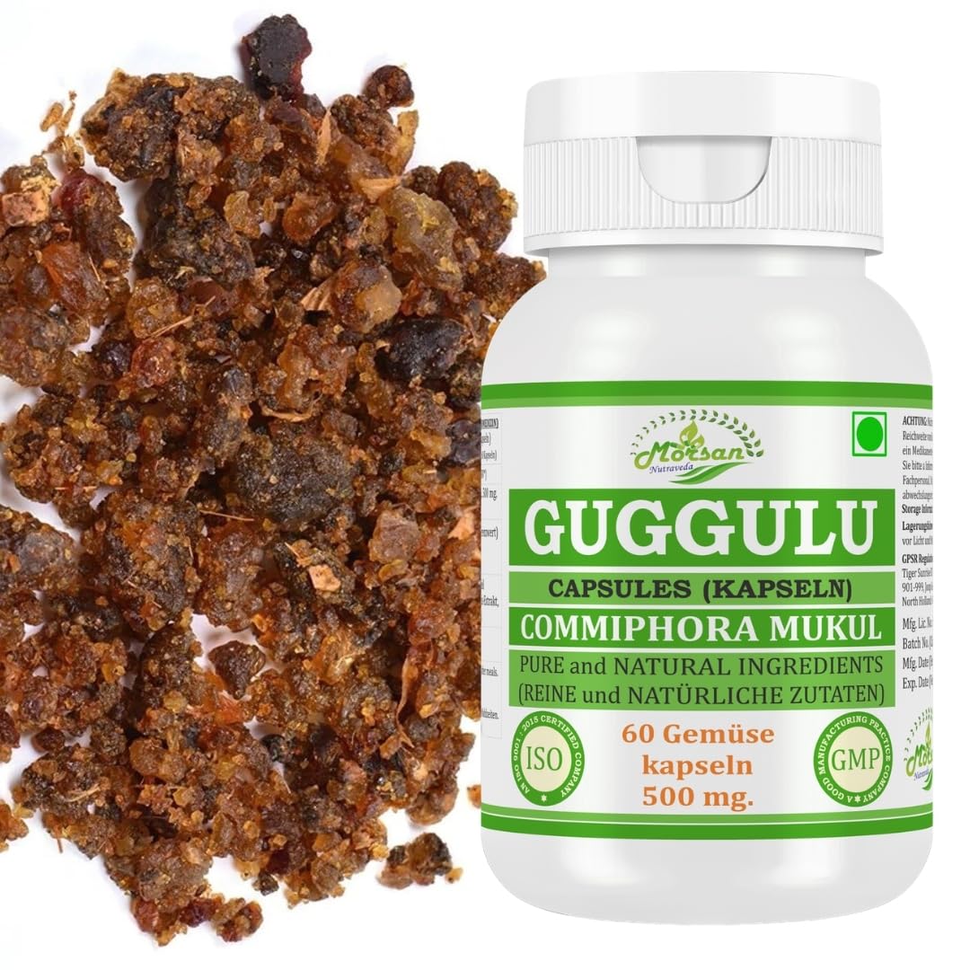 Guggulu (Commiphora mukul) Extrakt mit 10:1 Stärke, 500 mg x 60 vegane Kapseln | Ayurvedisches Kräuterergänzungsmittel für Männer und Frauen (2 Flaschen mit 60 Kapseln)