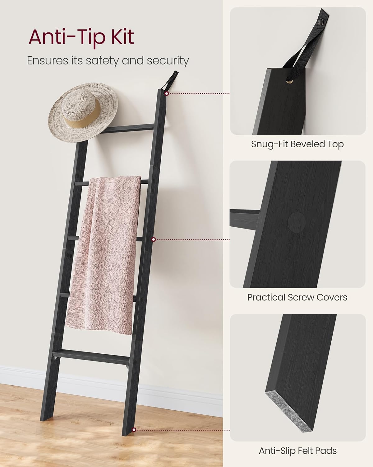 Close-up images showing the anti-tip kit, snug-fit beveled top, practical screw covers, and anti-slip felt pads of the VASAGLE Blanket Ladder.