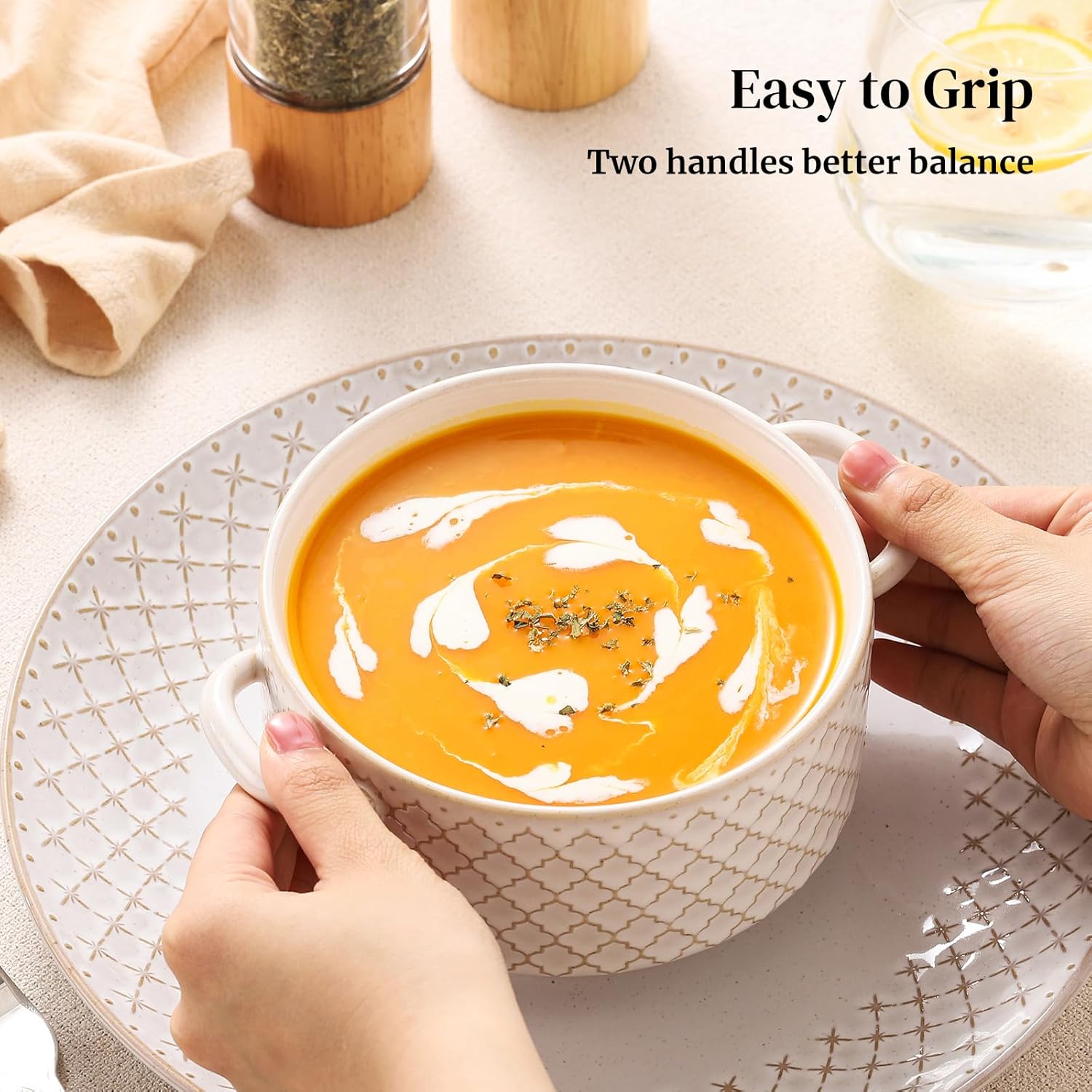 DOWAN Soup Bowls with Handles, Oven Safe French Onion Soup Bowls, 26 oz Large Soup Bowl for Chilli, Beef Stew, Ceramic Soup Crocks Set of 4, Microwave & Dishwasher Safe