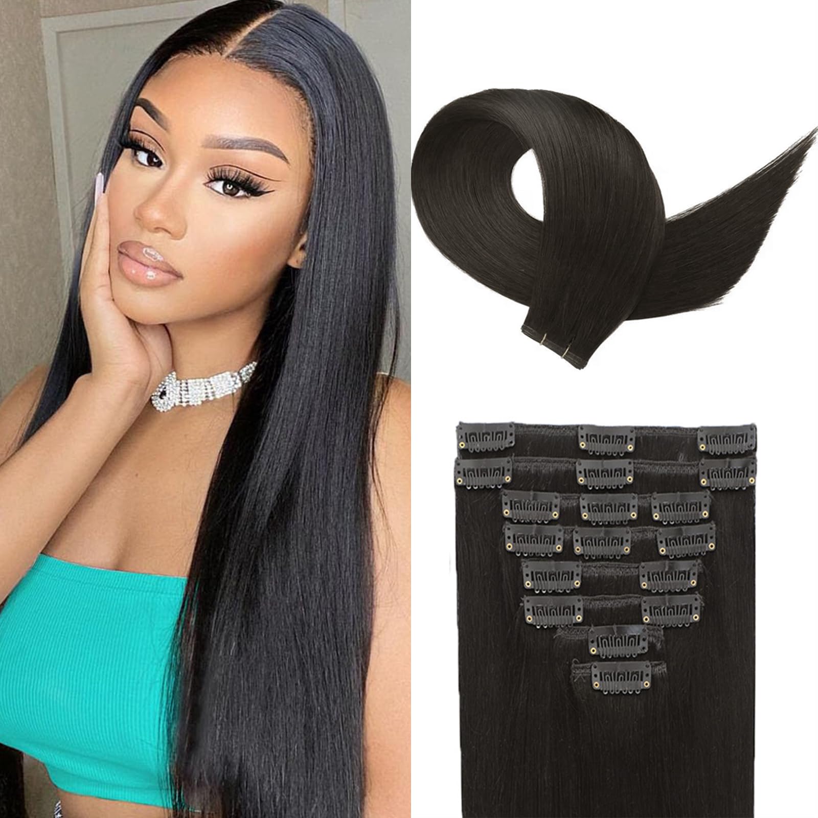 Clip in Hair Extensions Real Human Hair 24 Inch Natural Black Invisible Seamless Clip in Hair Extensions Human Hair, 8Pcs Double Weft Remy Hair Extension Real Human Hair for Women 90g (24Inch 1B#)