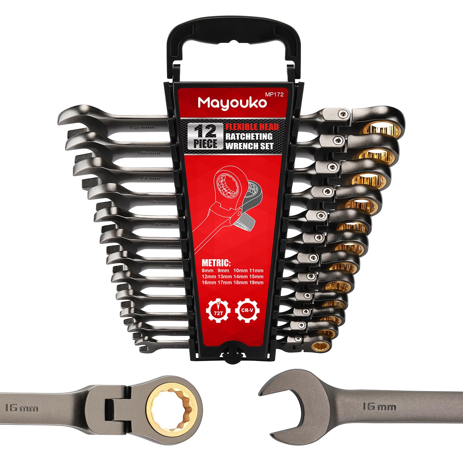 Mayouko 12PCS Metric Flex Head Ratcheting Wrench Set, 8-19mm, 72-Tooth, Ratchet Combination Wrenches Set with Portable Organizer, Chrome Vanadium Steel