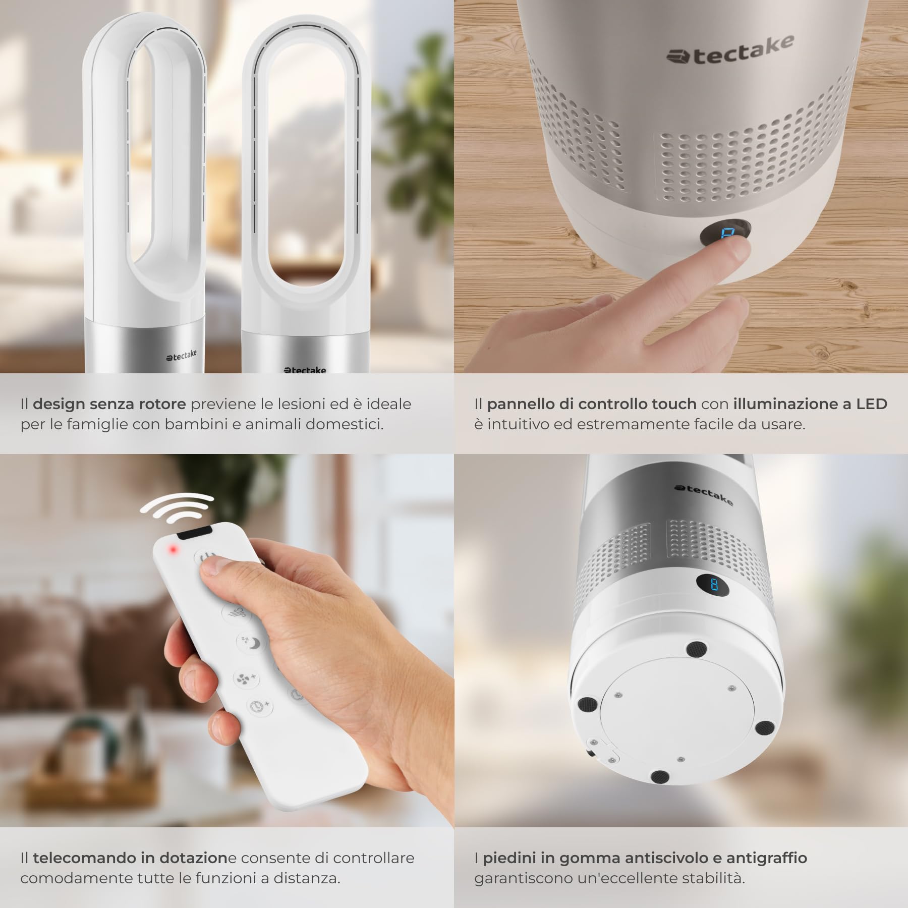 tectake® Ventilatore a Torre Silenzioso, Ventilatore Portatile a Piantana Senza Pale, 8 Velocità, Oscillazione 80°, Timer Regolabile, Pannello Touch LED, Telecomando, Per Casa e Ufficio - Bianco