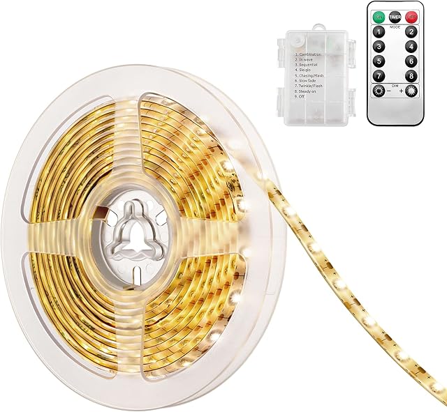 AMIR LED Strip Battery, 3 Metres, 90 LED Strip, Battery Operated with Remote Control, LED Strips, Waterproof with Timer, 8 Modes, Decorative Lighting for Indoor Outdoor Christmas Halloween Warm White