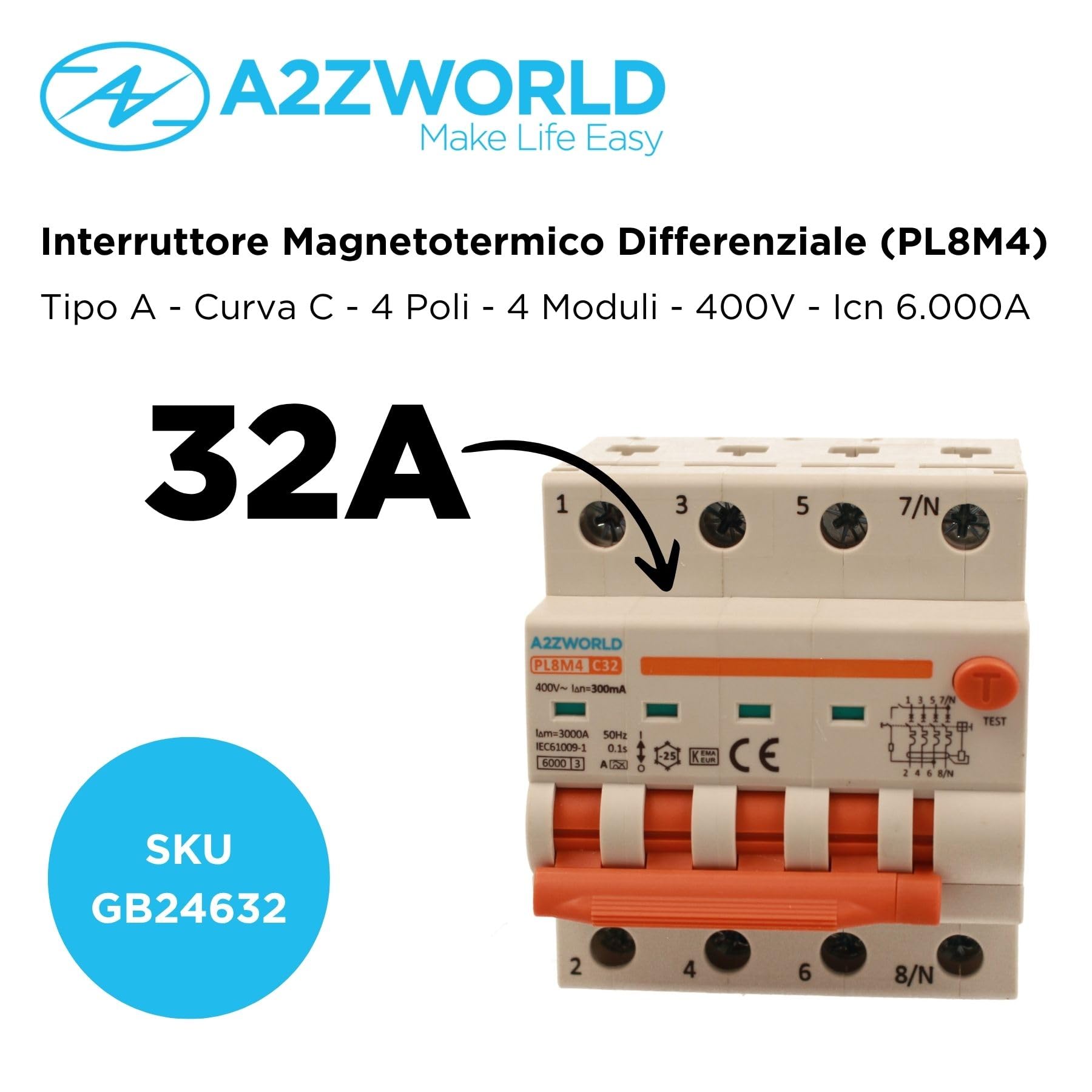 Interrupteur différentiel magnétothermique triphasé 380 V type A 300 mA 32 A C32, 4P véritable (NO 3P+N), courbe C 6 kA, double levier avec diagnostic visuel, 4 modules DIN, série PL8M4