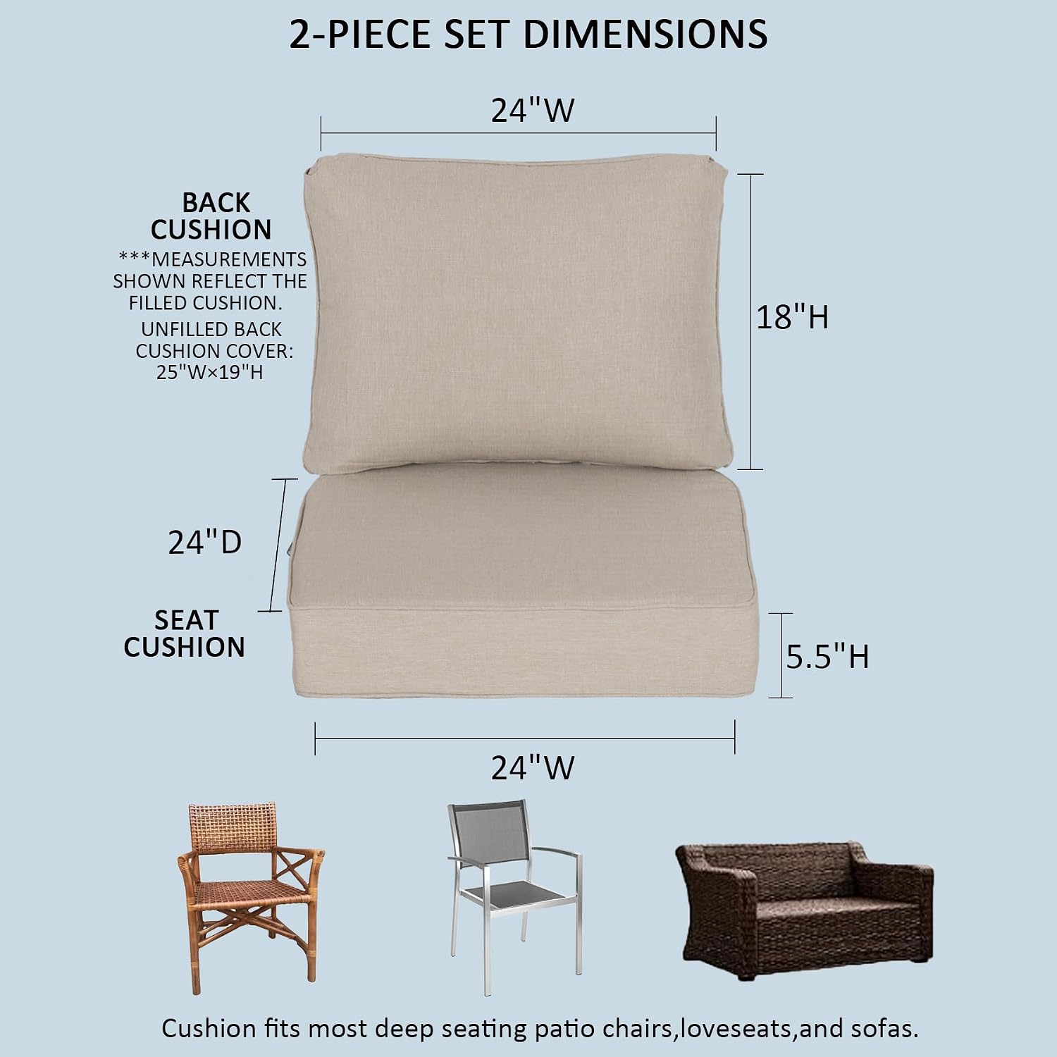 24x24 Inch Outdoor Deep Seat Cushions Set of 2,Thick High-Density Foam, Water-Resistant, Piped Edges & YKK Hidden Zipper for Patio Furniture,Putty