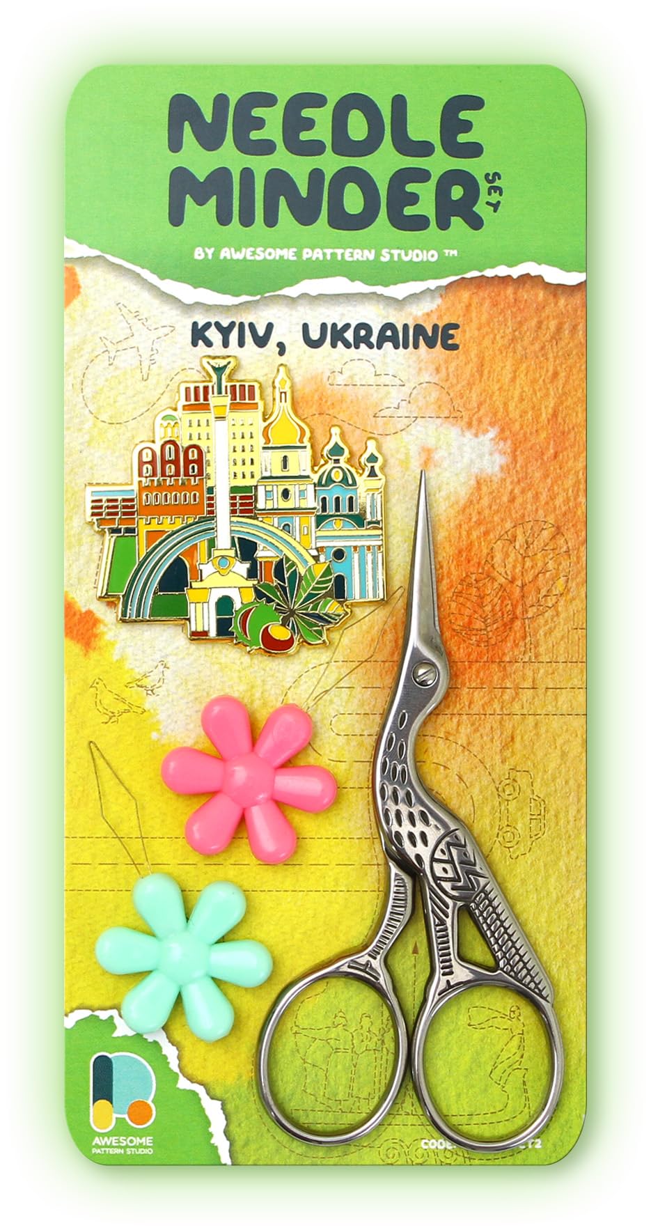 Awesome Pattern Studio Needle Minder Set – Kyiv Magnetic Needle Minder + 2 Needle Threaders + Crane Scissors. Enamel Pin for Cross Stitch, Embroidery and Craft