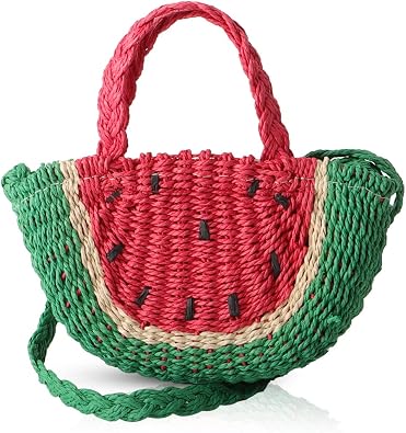 Mini Semi-circle Rattan Straw Handbags, Hand-woven Women Summer Retro Straw Tote Bag Watermelon Design Shoulder Bag Crossbody Bag Round Handle