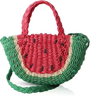 QTKJ Mini Semi-circle Rattan Straw Handbags, Hand-woven Women Summer Retro Straw Tote Bag Watermelon Design Shoulder Bag Crossbody Bag Round Handle