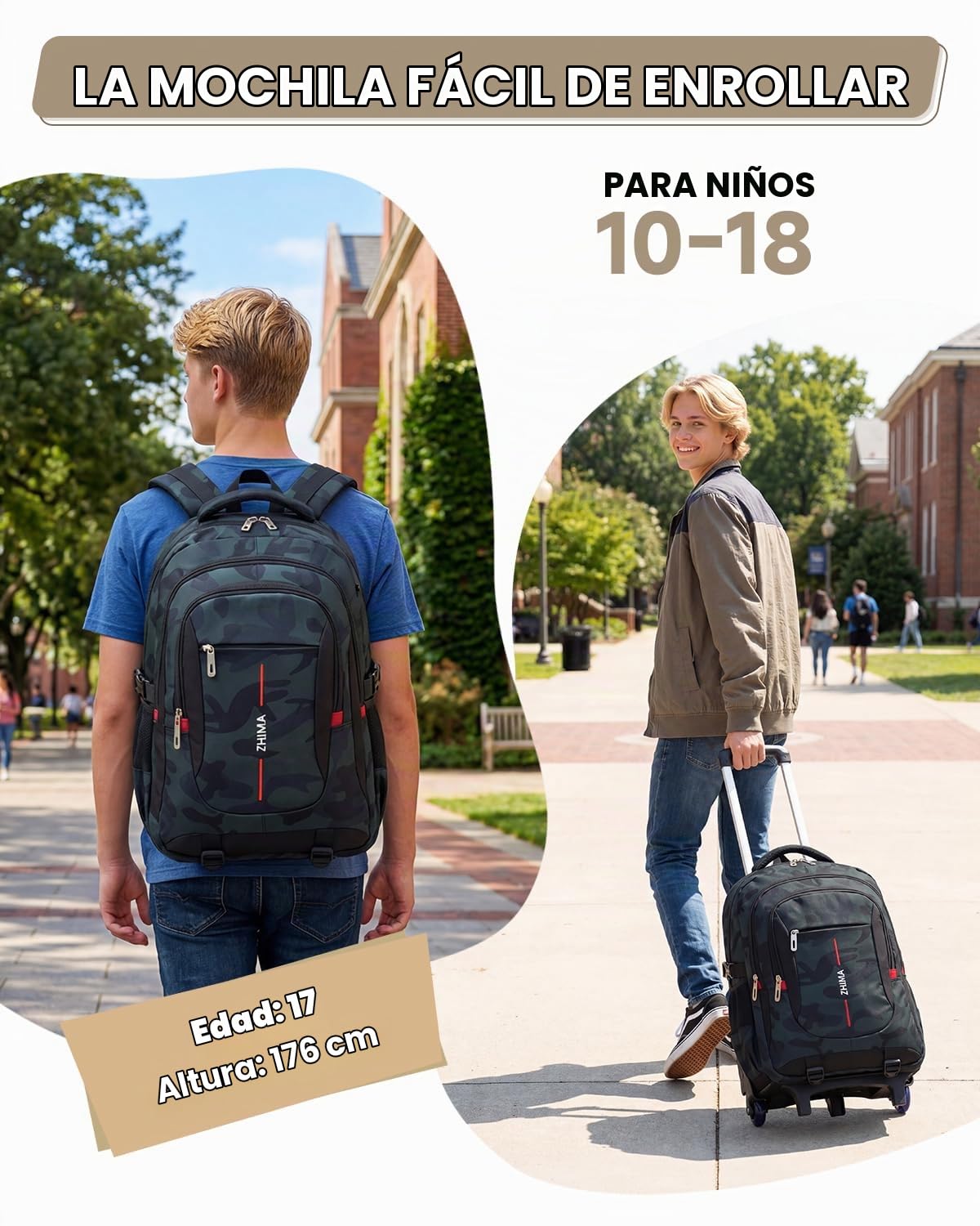 Amythe Mochila con Ruedas para Chicos - Gran Capacidad, Camuflaje Verde | Trolley Escolar 6 Ruedas con Carrito Extraíble - Mochila Adolescentes para Vuelta al Cole Primaria ESO Instituto – PC 15.6"