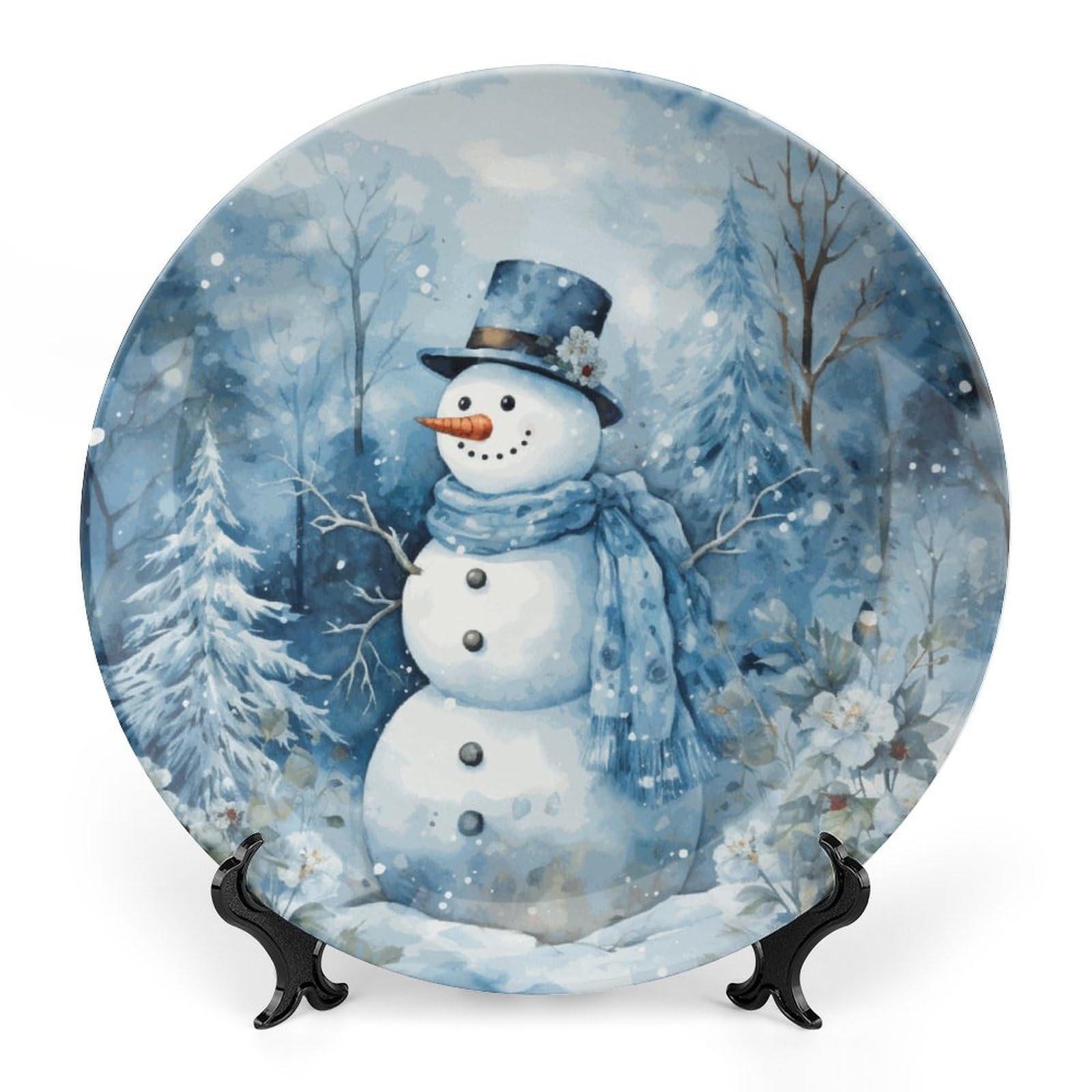 Christmas Decorative Plates, Snowman in Winter Forest Watercolor Painting Ceramic Plate Home Wobble-Plate with Display Stand, Wall Hanging Decor for Living Dining Room Kitchen Household 10 Inch