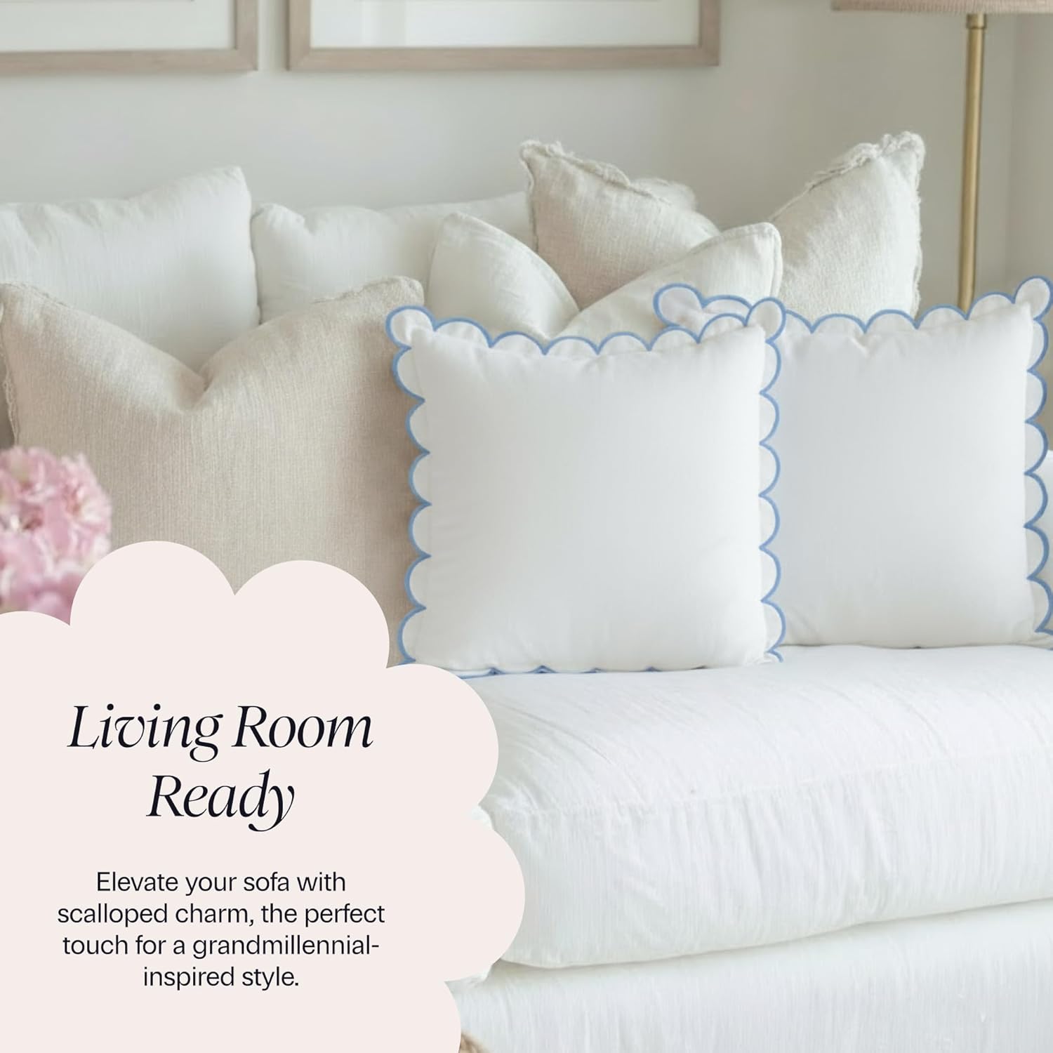 BEBE BASK Scalloped Pillow Cover - Set of 2-18 x 18 Inch - Scallop Pillow Cover – White and Blue Scalloped Pillows - Scallop Pillows - 100% Cotton - Grandmillennial Style (White/Blue) - Image 6