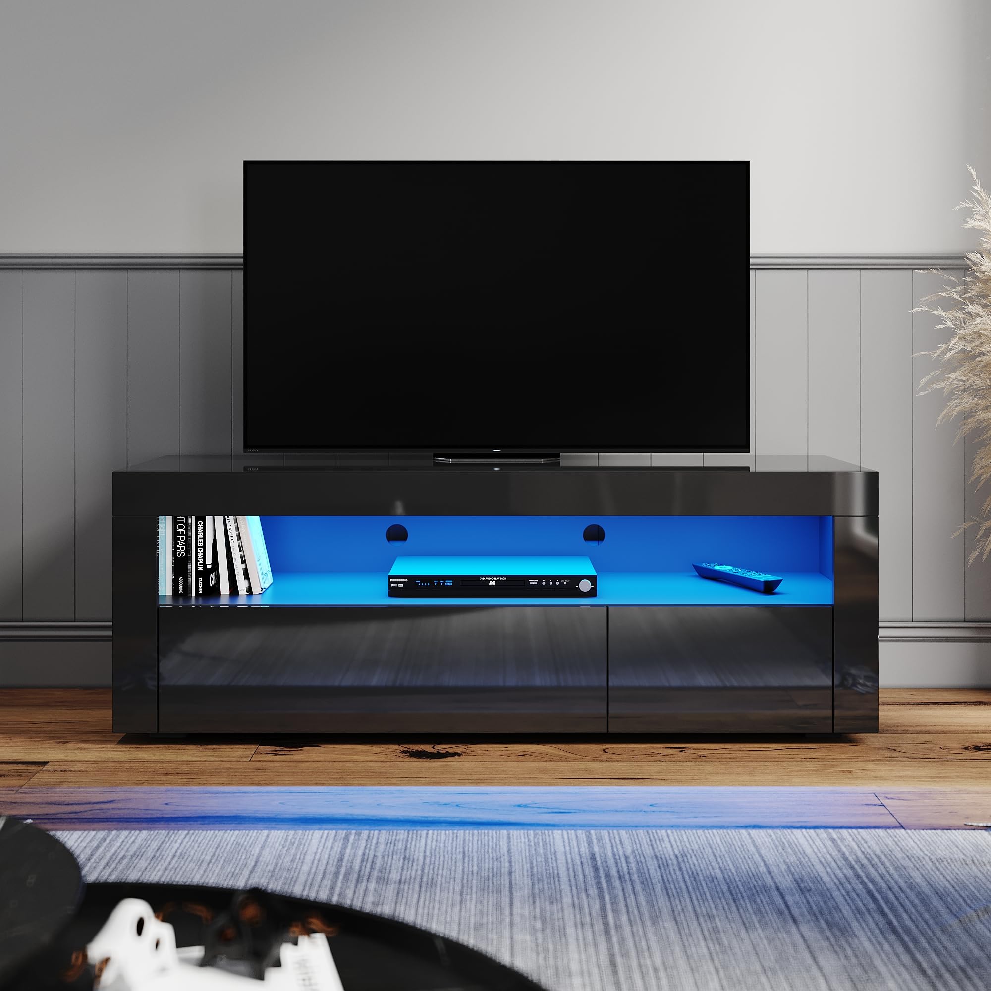 ELEGANT TV Cabinet Modern High gloss TV Unit with Ambient Light for 22"-47" Flat Screen 4k TVs/LED Light TV Cabinet with Shelves and Drawers for Living Room Bedroom, 1200mm, Black