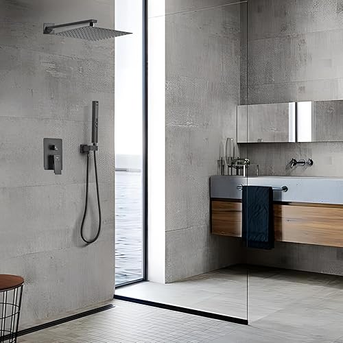 Miniatura 4 de Sistema de ducha negro mate con cabezal de ducha cuadrado de 12 pulgadas y rociador de mano, juego combinado de accesorios de ducha de baño de alta