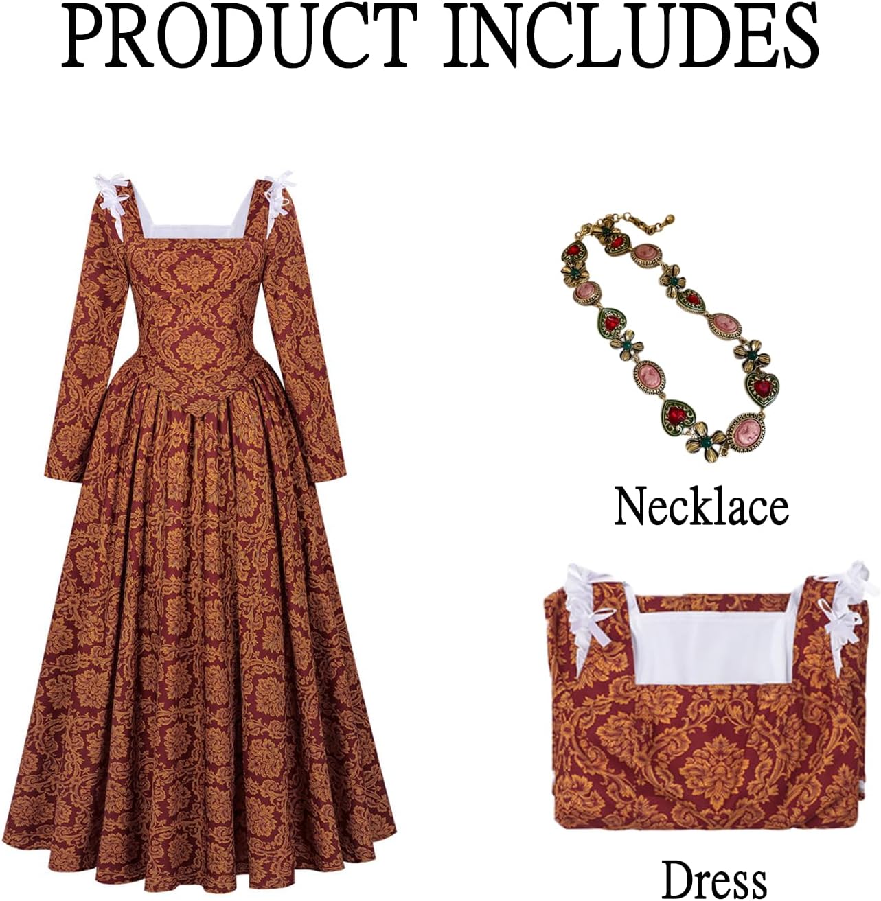 Women Medieval Renaissance Dress Damask Ball Gown Italian Square Neckline Floor-Length Victorian Dress for Halloween
