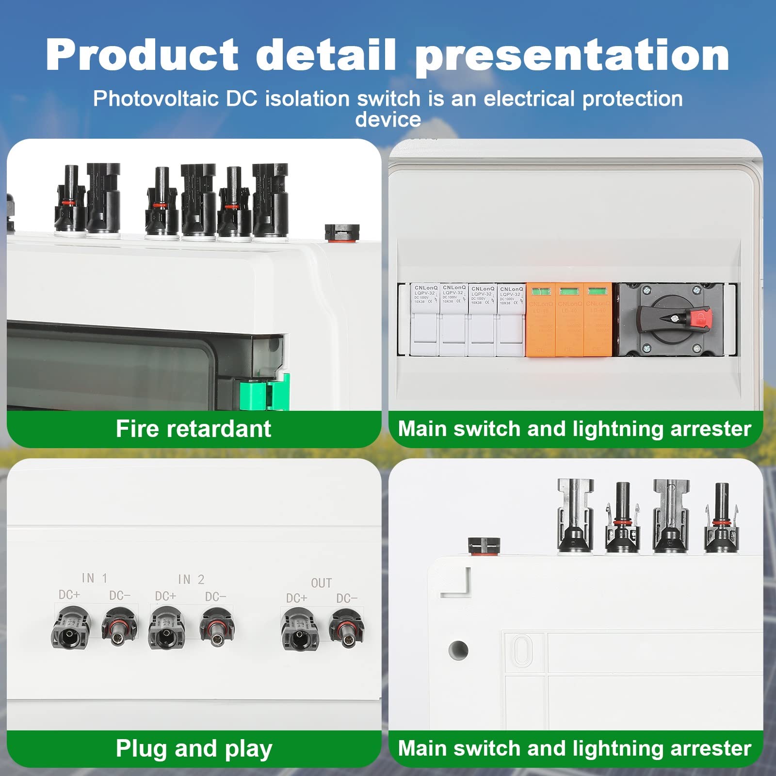 DEWIN Solar PV Combiner Box, 2 in 1 Out 2 String DC 1000V 32A Kombinierer Box 15A Sicherungen Sicherungshalter Trennschalter und Überspannungsschutz mit Wasserdichter Gehäuse