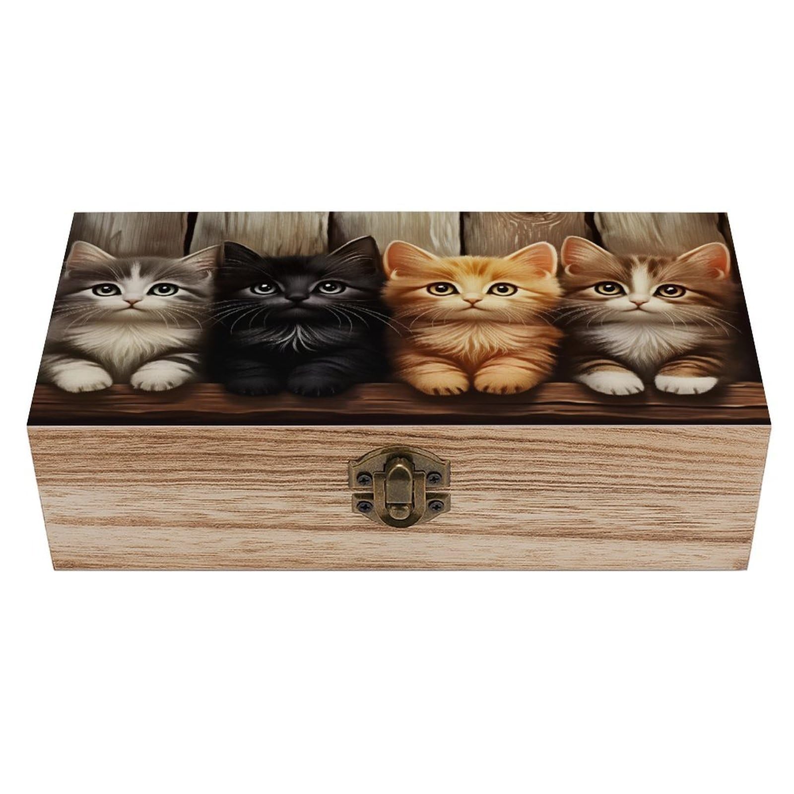 HLBSDM Cute Kittens Sitting Vintage Wooden Keepsake Box with Hinged Lid And Locking Clasp, Decorative Storage Box for Jewelry, Trinkets And Small Accessories, Organizer for Home Or Wedding