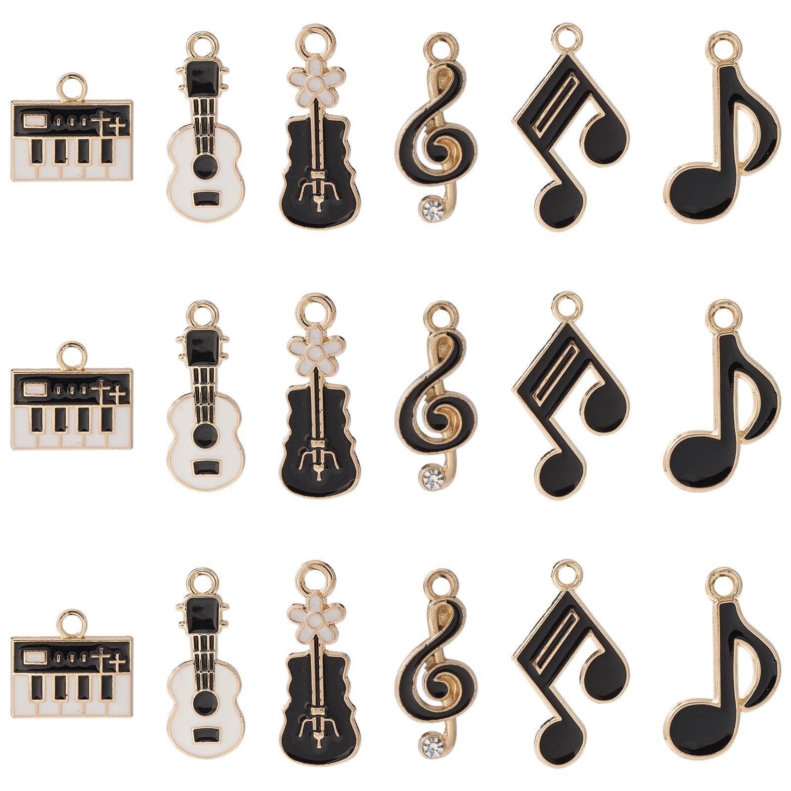 Stiesy 30Pcs 6 Styles Enamel Music Theme Charms Musical Note Instrument Charm Black White Guitar Piano Violin Dangle Charms for DIY Crafts Jewelry Making — image 1