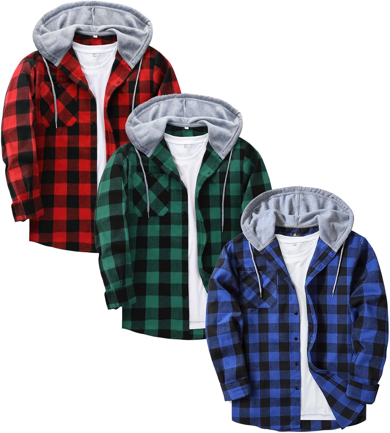 ZITY 3 Pack Men's Flannel Hoodie Shirts Long Sleeve Casual Vintage Button Down Plaid Shirt Jacket with Pocket