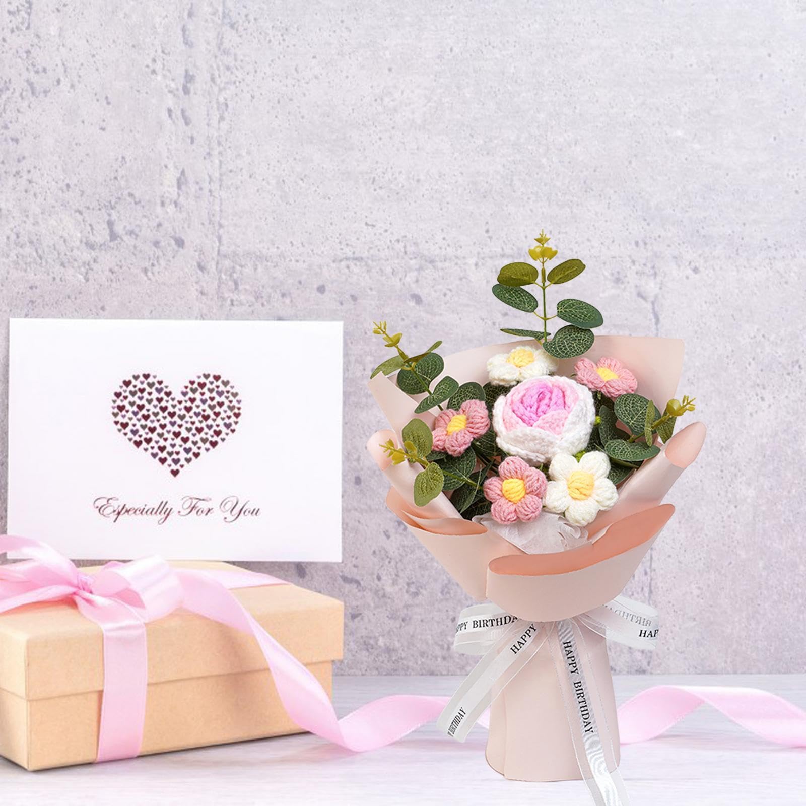 Qianly Rose au Crochet, Fleur Tricotée, Cadeau Saint-Valentin Anniversaire