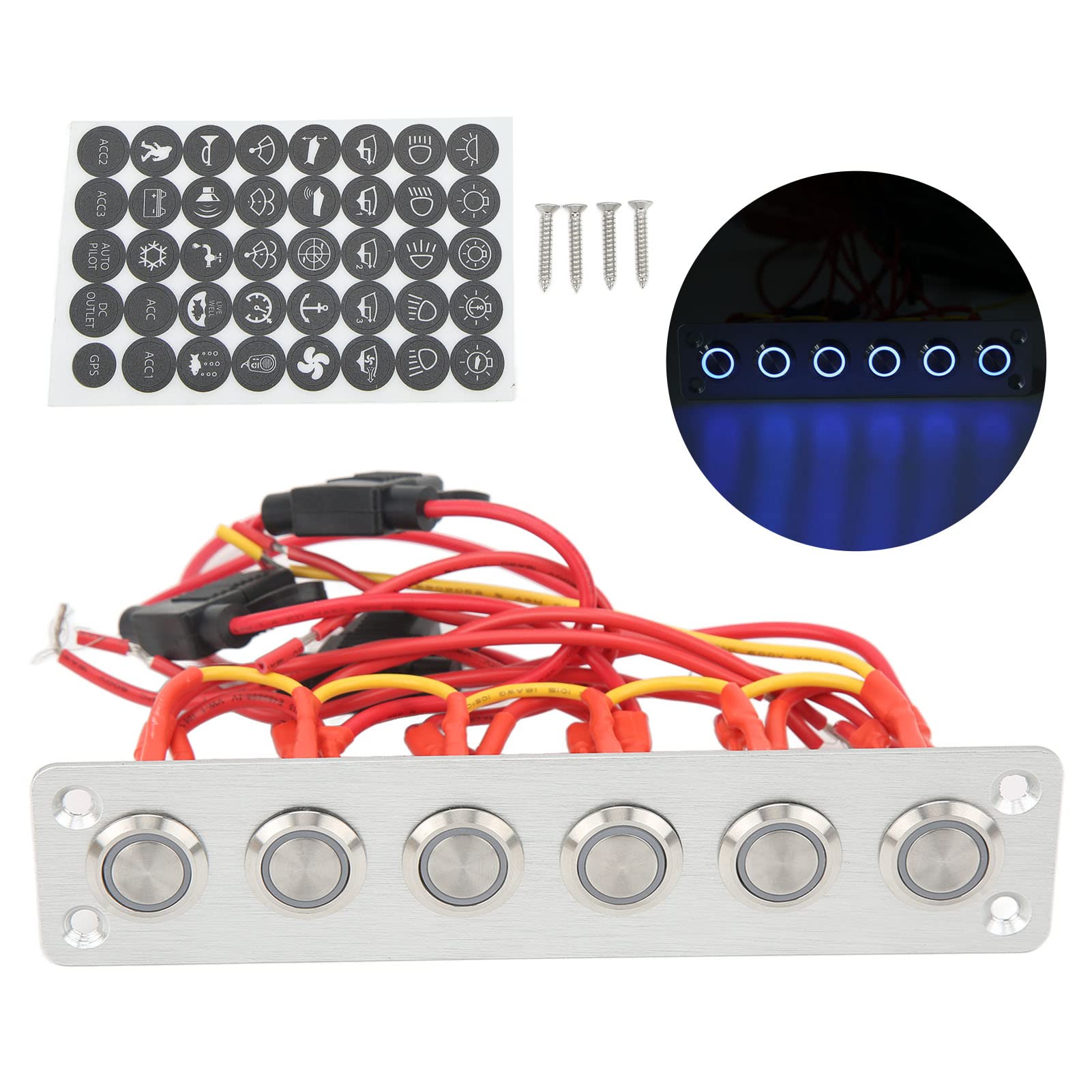 Panneau de Commutateur de Bateau Marin Aramox, Panneau de Commutateur à Bouton-poussoir 6 Gangs pré-câblé avec Lumières LED Bleues pour Système de Voiture RV Yacht 12V DC