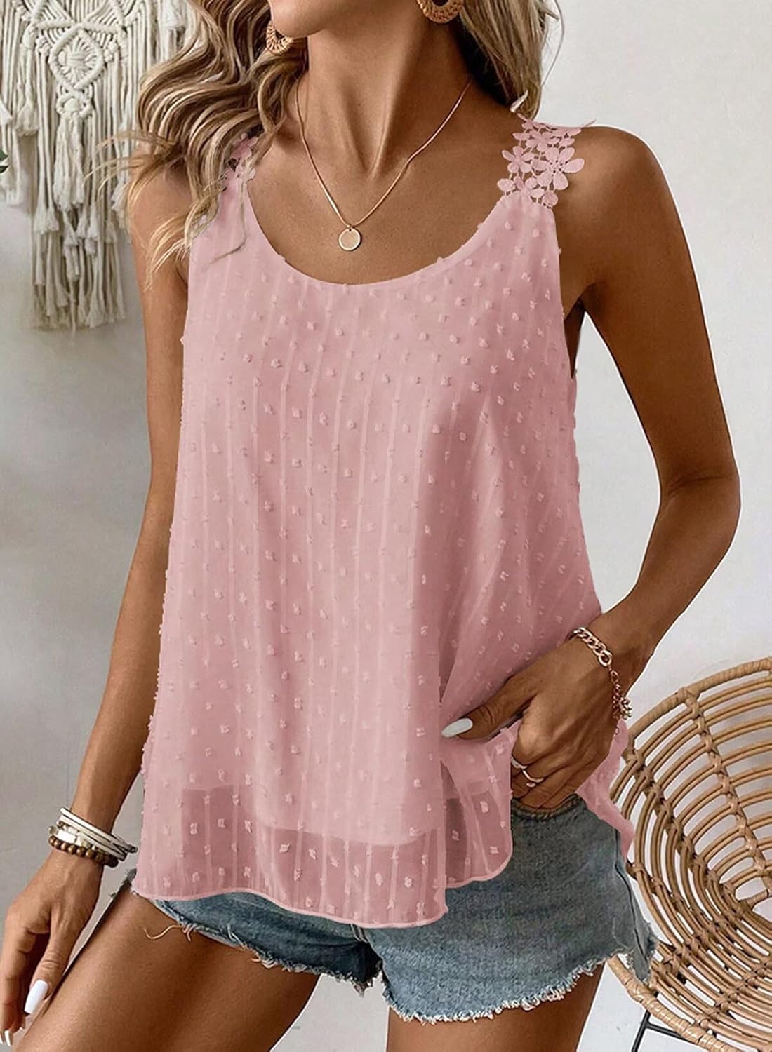 Womens Tank Tops Flowy Sleeveless Summer Boho Tank Top for Women Casual Crewneck Strap Lace Camisole Shirts - Image 6