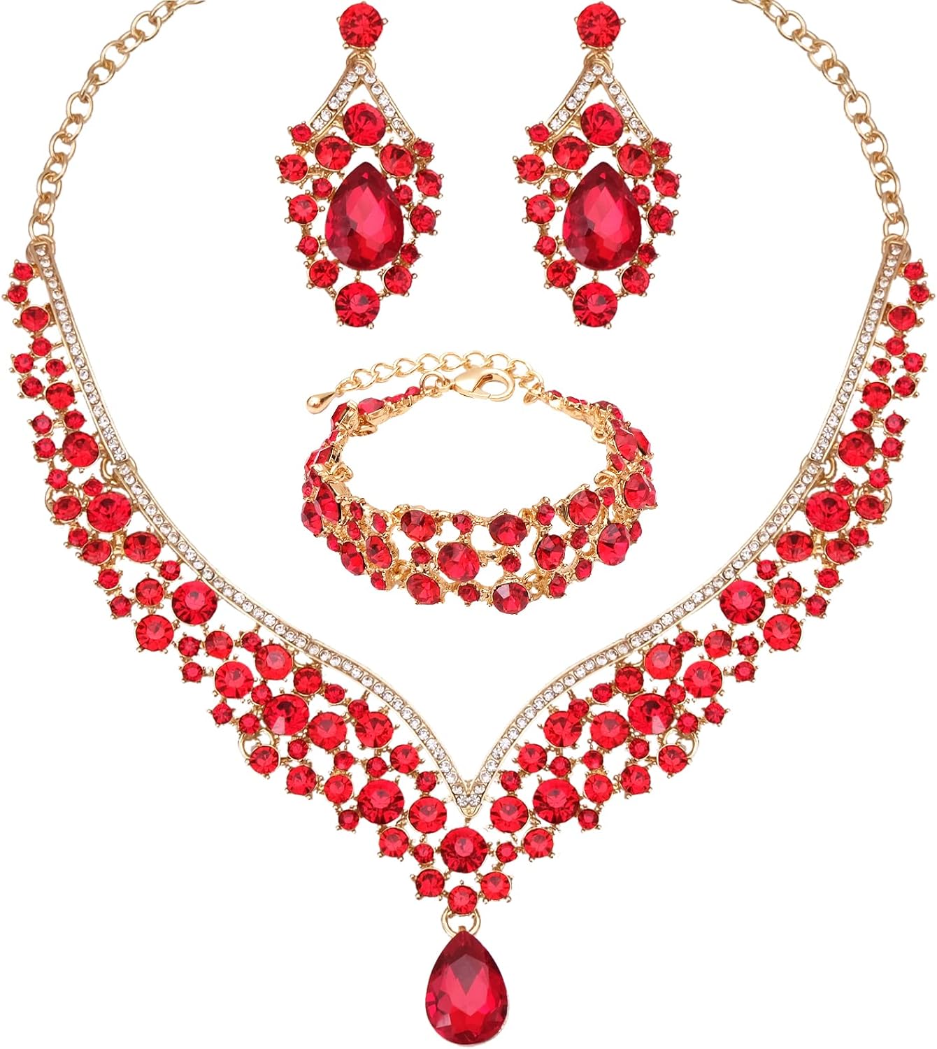 Women's Statement Necklace Earrings Link Bracelet Set for Bride Austrian Crystal Wedding Bridal Costume Jewelry Sets