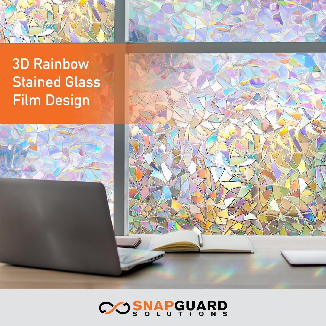 DIY - Snapguard Solutions Stained Glass Window Decals (1.5' ft x 13' ft Roll) 3D Decorative Rainbow Privacy Film, Static Cling Non-Ahesive Vinyl Covering for Home and Door