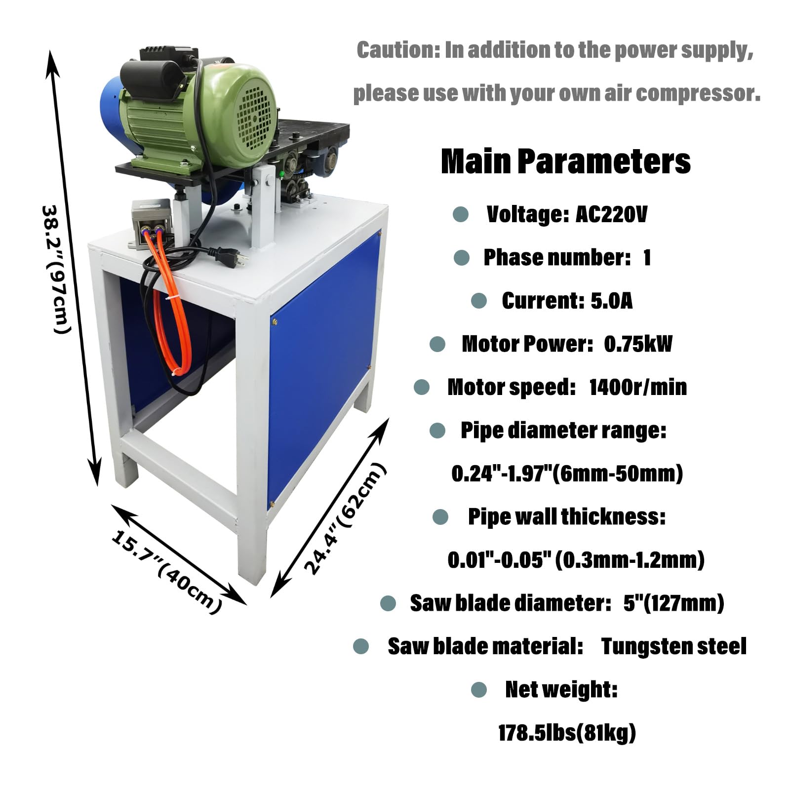 WYDDDARY Round Pipe Cutting Machine 750W Small Pneumatic Electric Stainless Steel Copper Pipe Cutting Machine Cuts 0.24