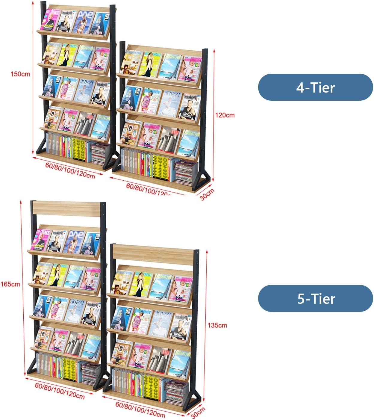 Floor-Standing Magazine Rack, 4/5-Layer Brochure Display Stand, Wooden Mail File Organizer for Living Room, Exhibitions, Office(60x30x120cm)
