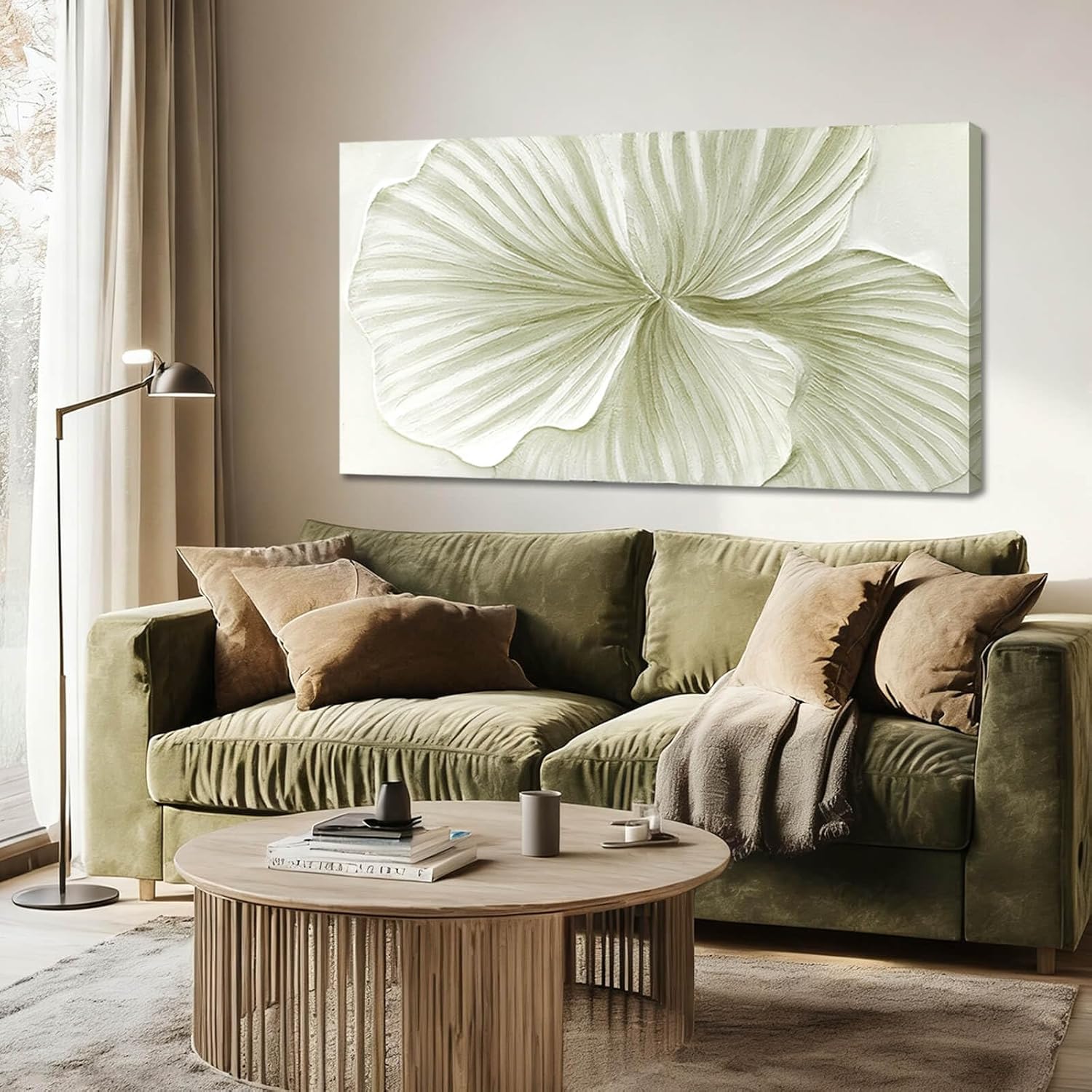 MLART99 Abstract Leaf Wall Art Modern Ginkgo Canvas Hand-drawn Painting 24x48 Green and White Large Artwork Minimalist Decoration for Living Room Bedroom Office Home