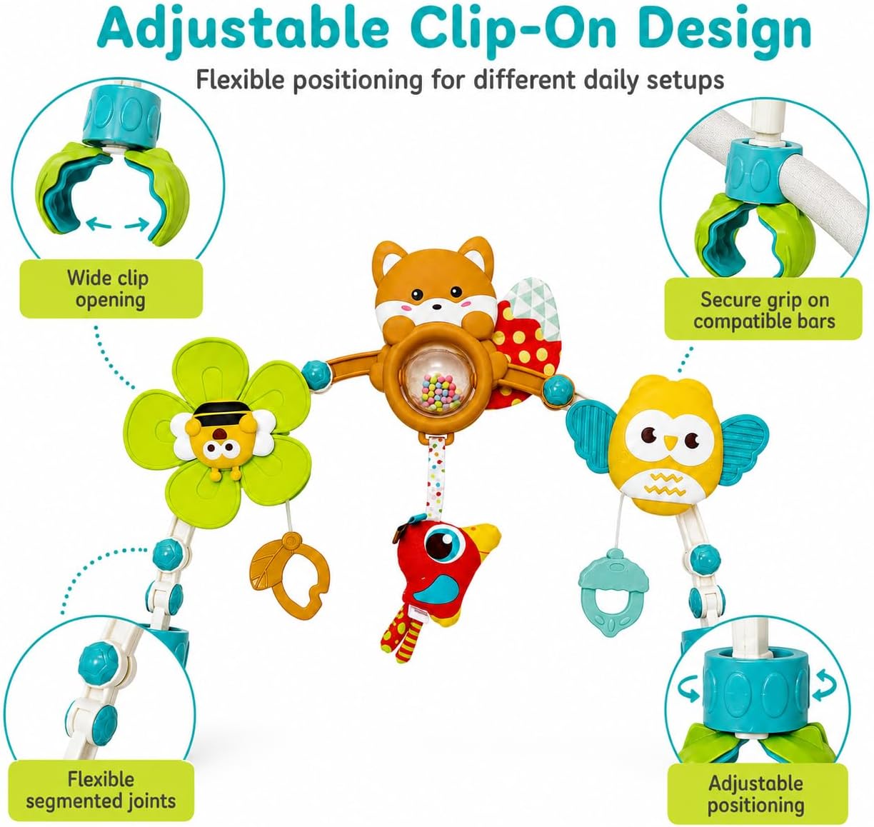 Baby Stroller Arch Toy, Clip On Infant Activity Bar with Rattles, Teether, Plush Hanging Toys & Adjustable Clips for Stroller, Bassinet, Bouncer and Car Seat, Baby Sensory Toy 0-6 Months image 4