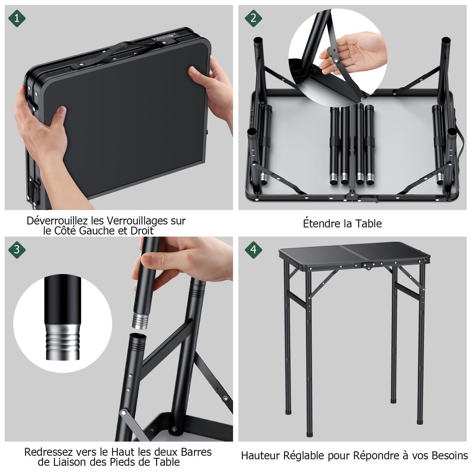 JiGiU Table de Camping Pliante 60x40cm avec 3 Hauteurs Réglables, Noir | Table de Pique-Nique Supportant 30kg, Portable et Légère, en Aluminium et MDF pour Extérieur et Intérieur, Jardin, Plage