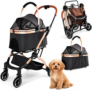 Pet Stroller for Small Dogs and Cats, 2 in 1 Lightweight Dog Stroller with 4 Shock Absorption Wheels, Sun Canopy & Storage Basket, Detachable Carrier Suitable for Car Seat & Hand Carry, Black