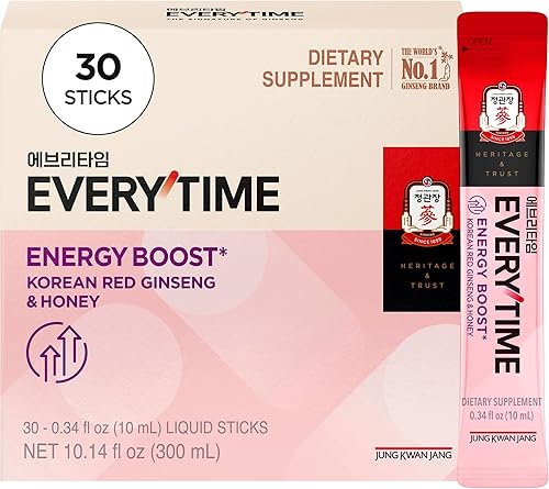 JUNG KWAN JANG Everytime Energy Boost - Extracto de ginseng rojo coreano en barra de 1,000 mg y miel, suplementos líquidos de bebida energética de