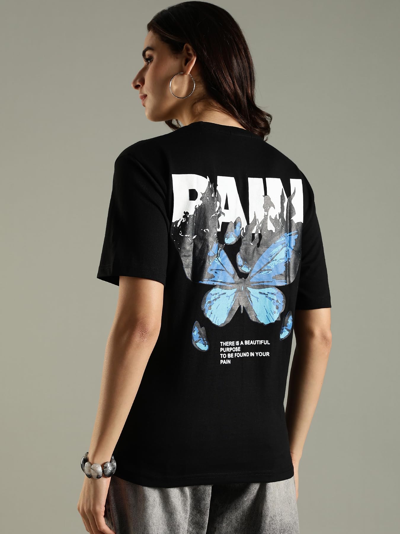 lewel Women's Stylish Graphic Printed Three Fourth Sleeve Oversized T-Shirt (Black)-picture-19