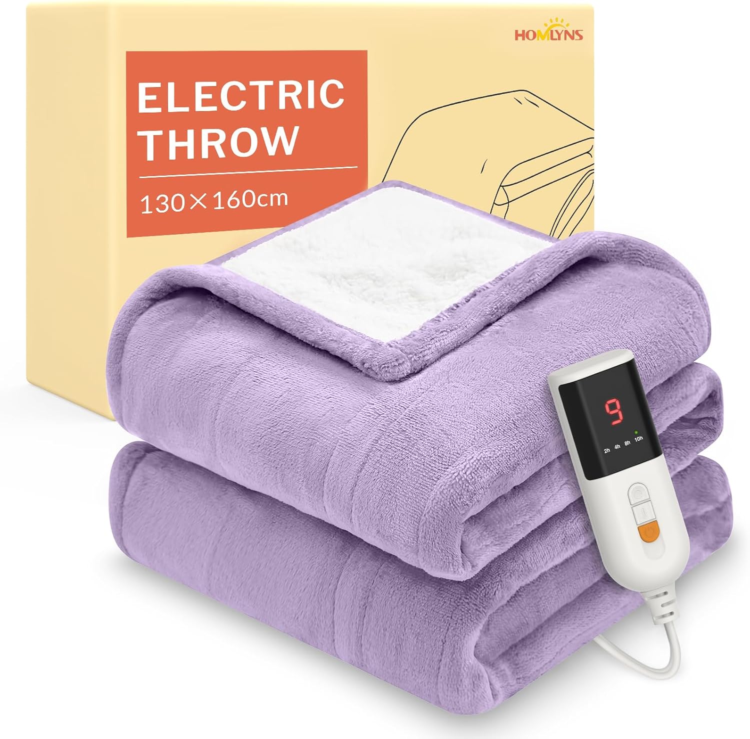 Product image of HOMLYNS LuxeHeat Heated Blanket Electric Blanket, Soft Flannel Sherpa Heated Throw, Heating Blanket with 9 Heat Settings, 10 hrs Timer Auto Shut Off (160x130 cm, Purple)