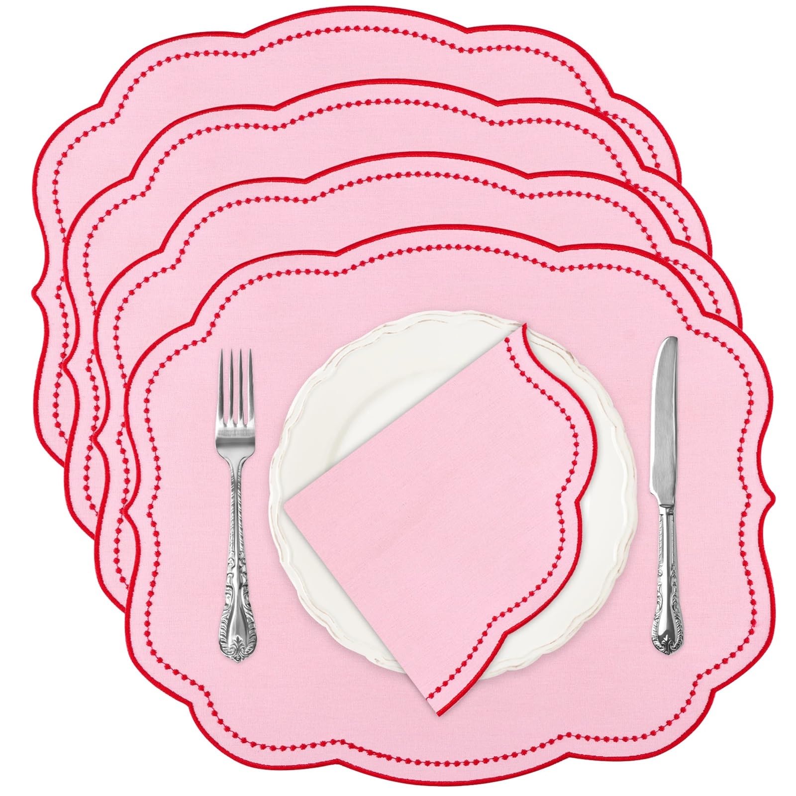 Set de Table Napperons brodés épais en Coton et Lin, 4 pièces, for fête de Mariage, dîner d'anniversaire, torchon Table, Serviettes noël rustiques(Deep Green)