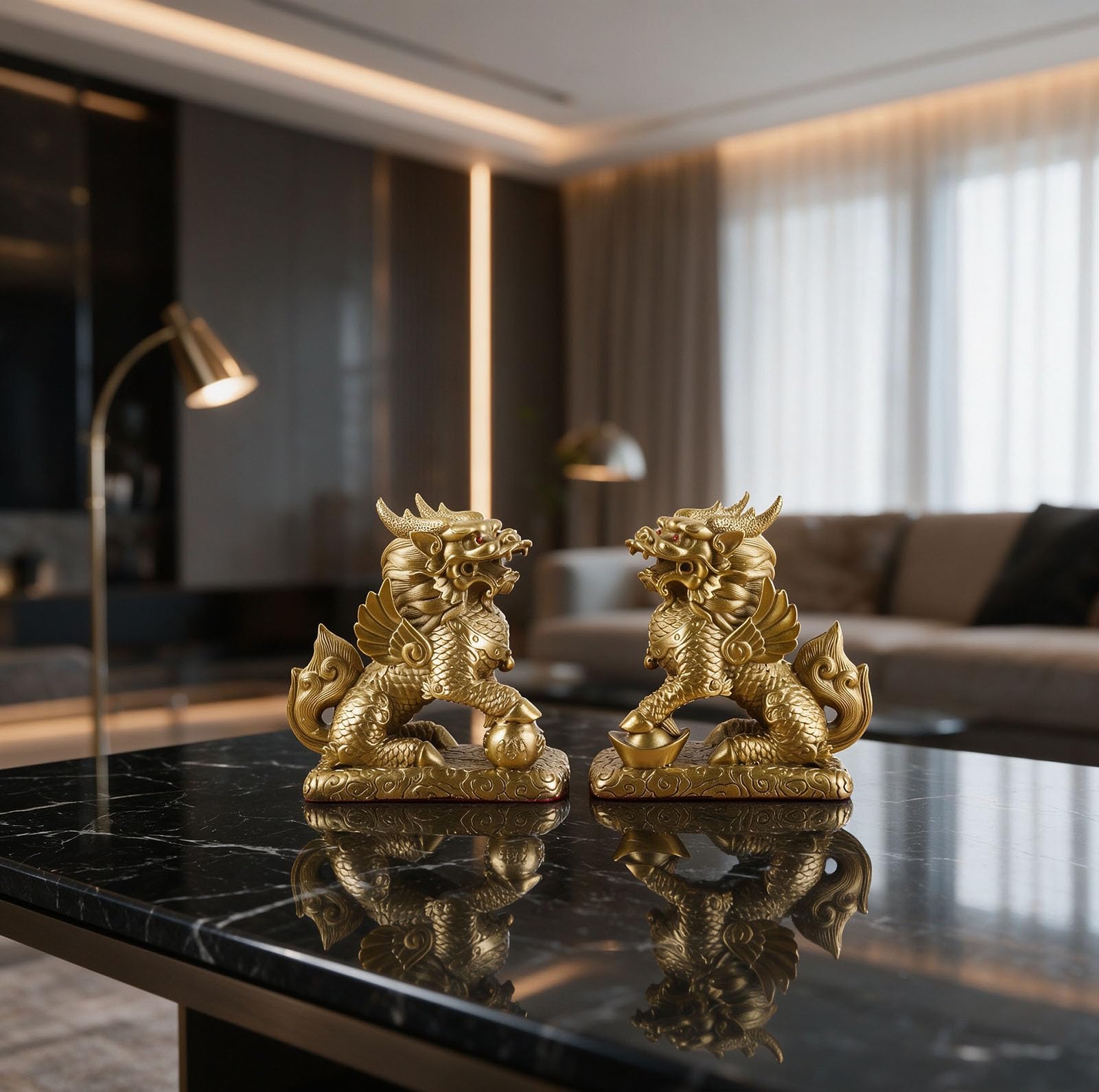 Para mosiężnych posągów Chi-Lin Kylin - figurki chińskiego bogactwa Kirin | Ozdoby i posągi Feng Shui do domu i biura, rzeźba dobrobytu przyciągająca bogactwo, powodzenia